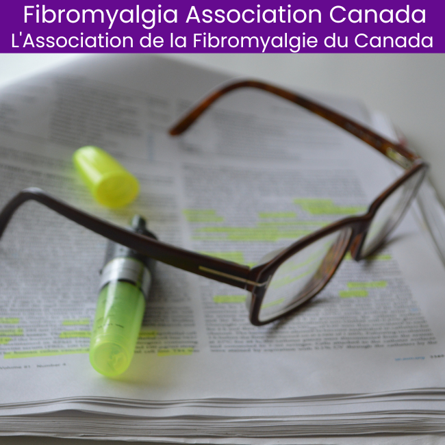 scientific papers about fibromyalgia can be difficult to understand- here we see a page with a highlighter and pair of glasses resting on top and the page has had some of the text highlighted in yellow