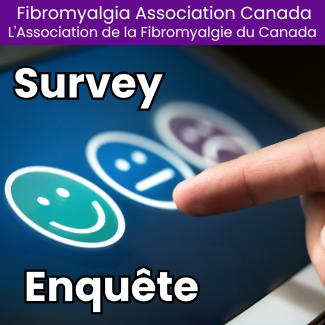 Image with the fibromyalgia Association Canada banner in French and English Blue background with the sorld survey in French and English in white font. Image is Happy Face, Neutral Face and Sad Face.