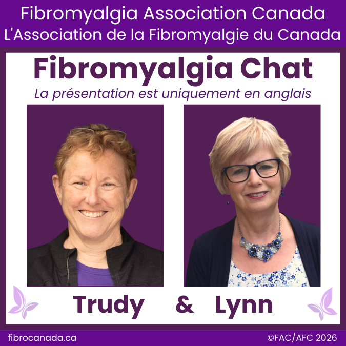 2023 (23) Fibro Chat with Trudy and Lynn with a picture of Trudy and Flynn in the centre on the purple background of Fibromyalgia Association Canada