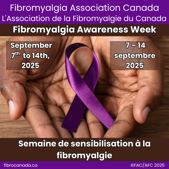 Awareness Week 2025 with Hands holding a purple fibromyalgia awareness ribbon.